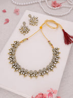 Tehzeeb Creations White Colour Gold Pleated Stone Studded Necklace With Earrings