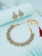 Tehzeeb Creations White Colour Gold Pleated Stone Studded Necklace With Earrings