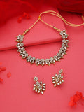 Tehzeeb Creations White Colour Gold Pleated Stone Studded Necklace With Earrings