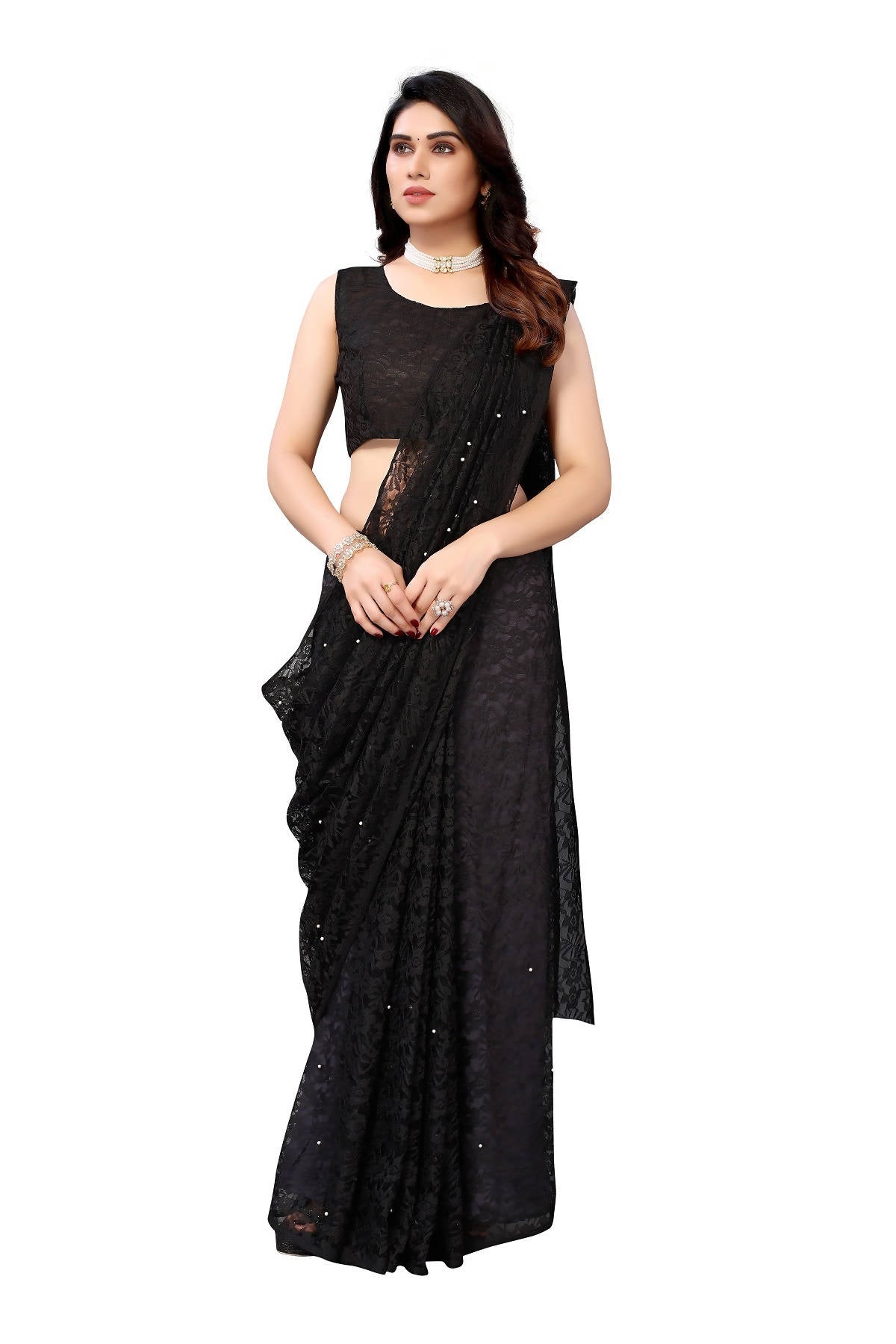 Vamika Ethnic Fire Black Pearls Net Saree - Distacart