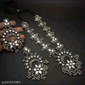 Tehzeeb Creations Women's Silver Colour Oxidised Necklace And Earrings With White Kundan