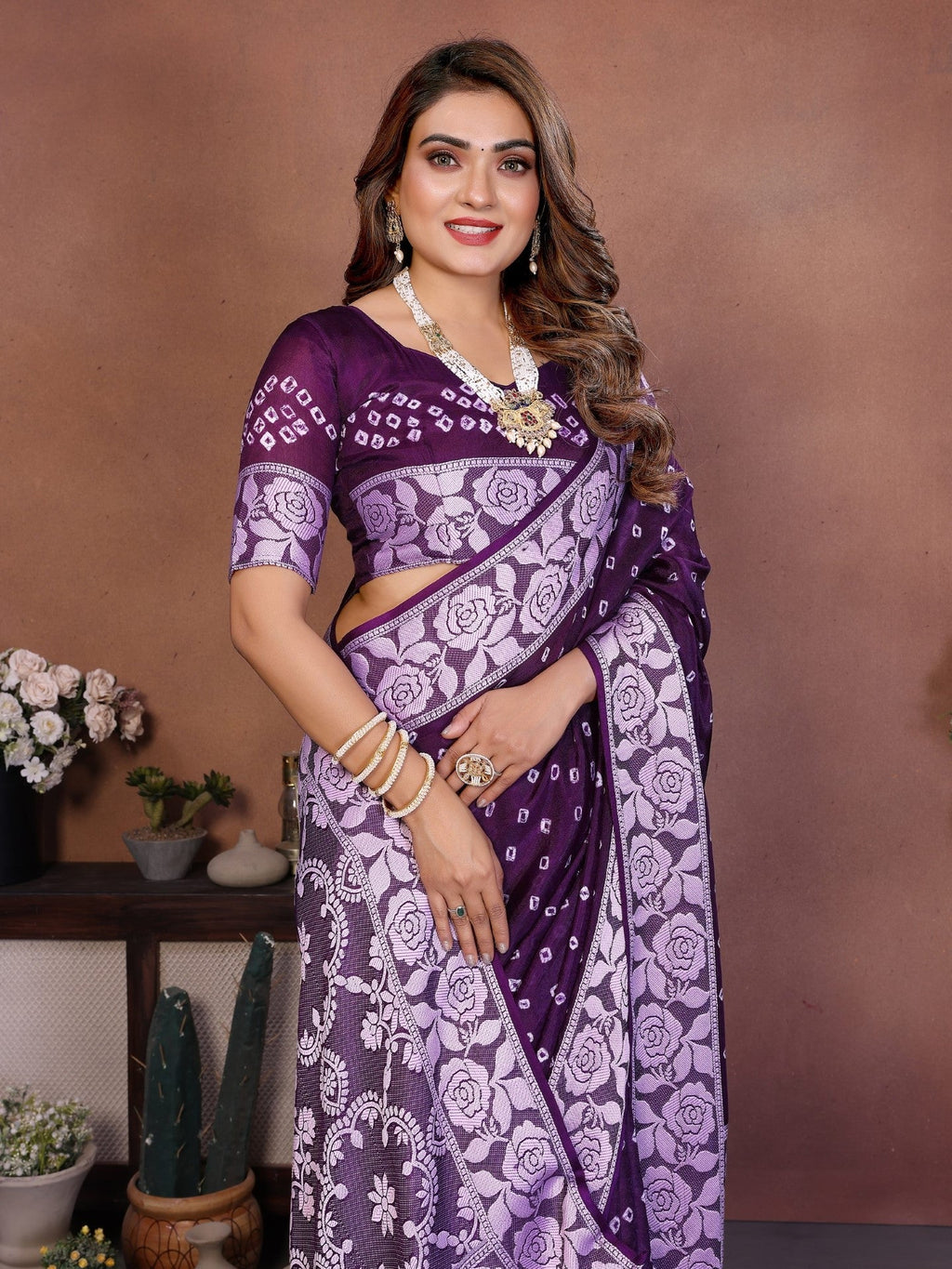 Anaita Dark Purple Handmade Bandhej Viscose Silk Saree With Blouse - Distacart