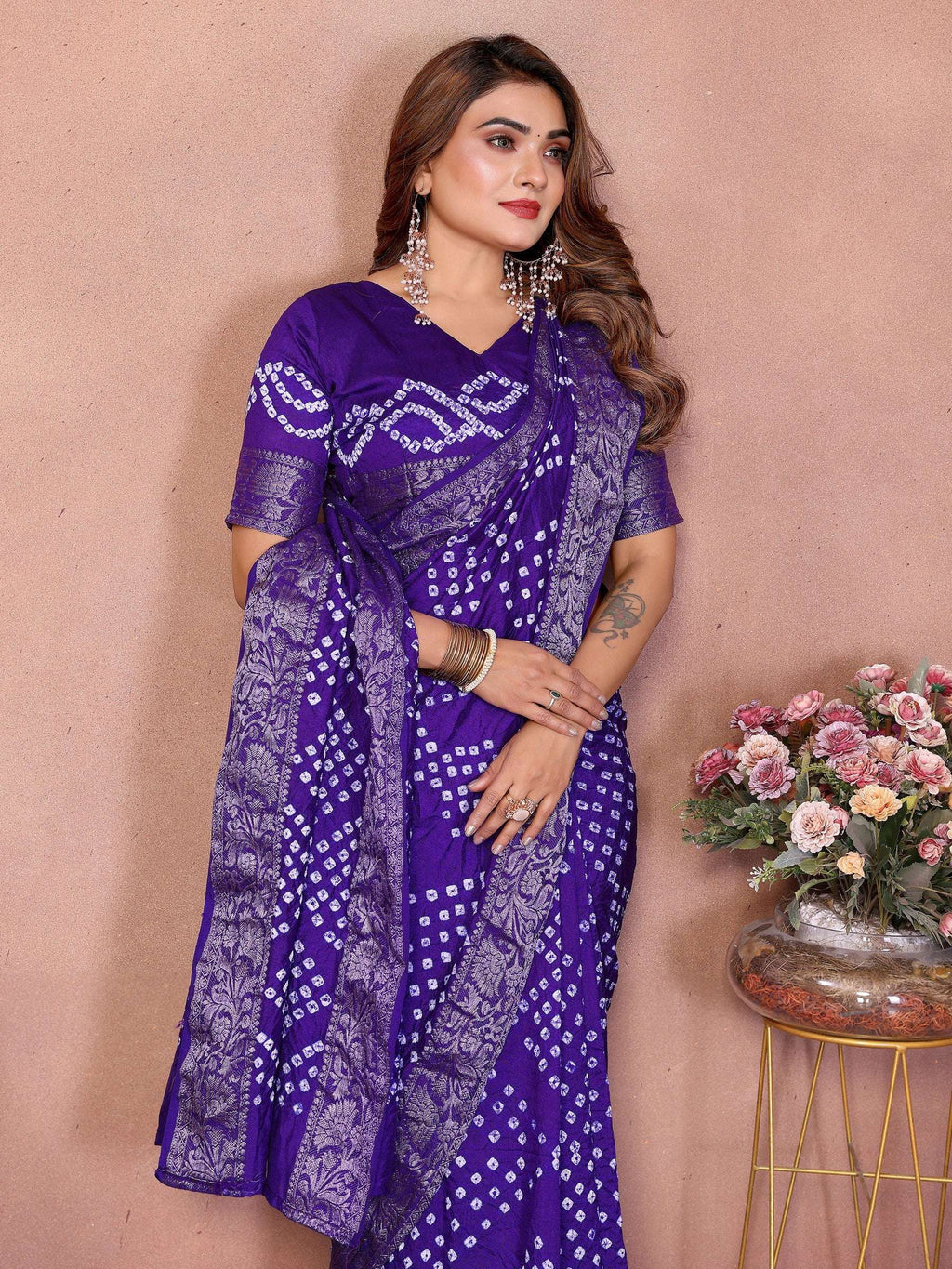 Anaita Blue Handmade Bandhej Viscose Silk Saree With Blouse - Distacart