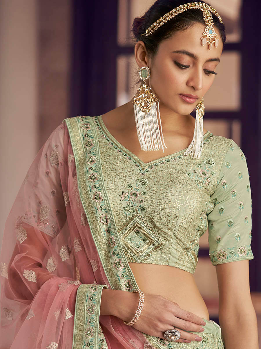 Myra Pista Green Crepe Embroidered Lehenga