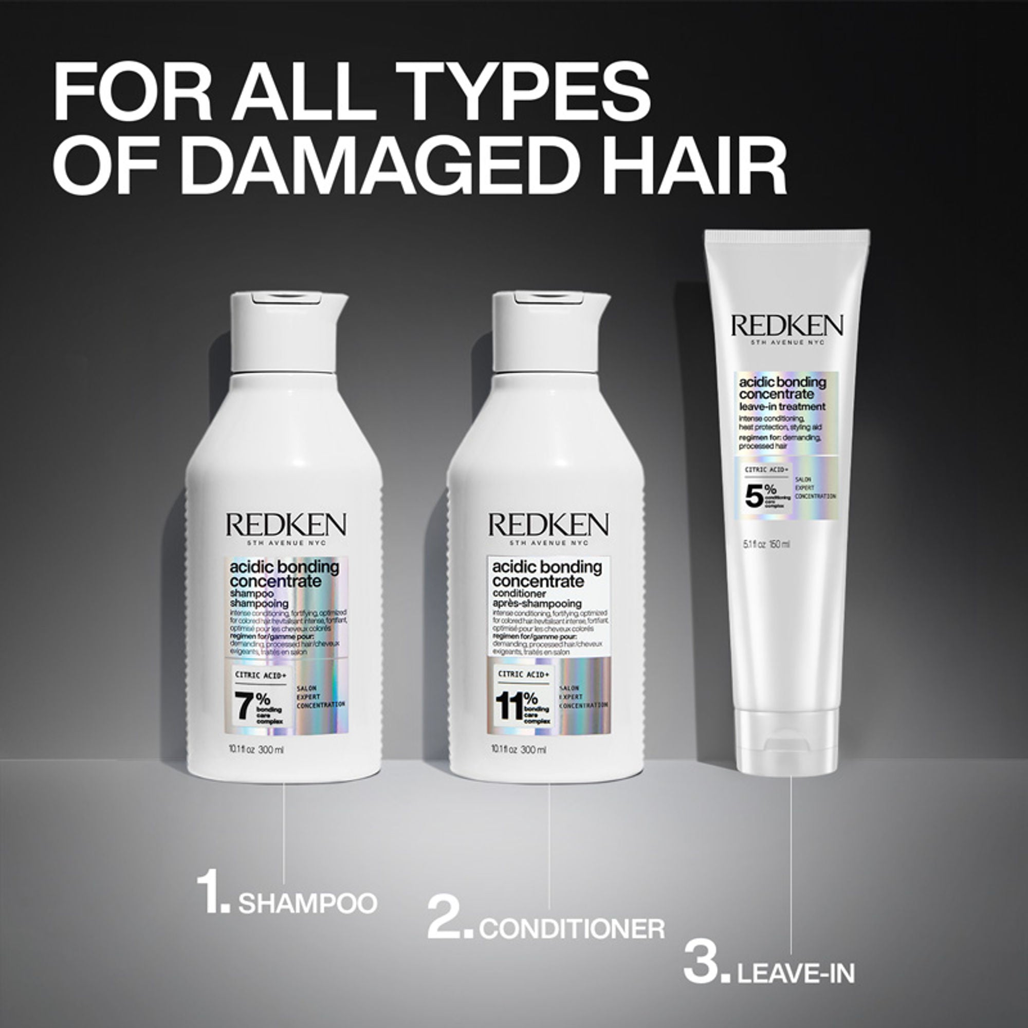 Redken Damaged Hair Combo - Acidic Bonding Concentrate Shampoo, Conditioner & Leave-In Treatment