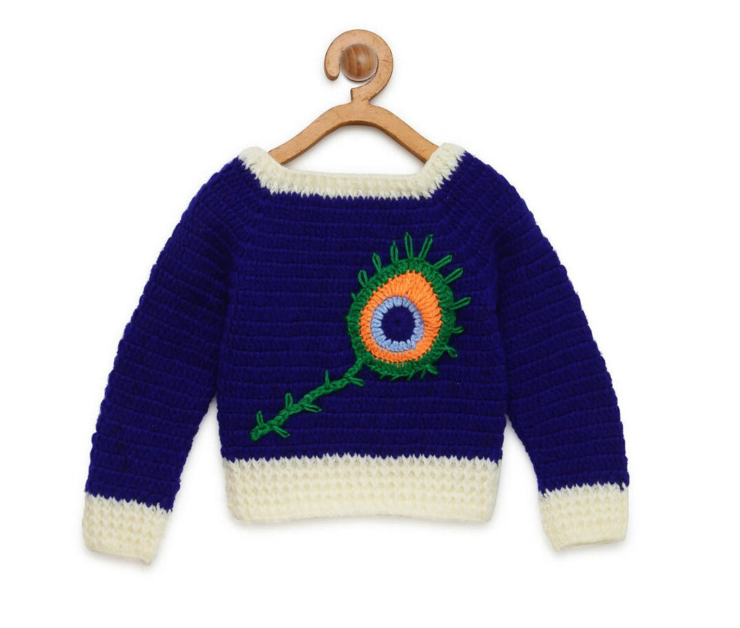 Chutput Kids Blue Coloured Solid Pullover with Peacock Applique Detail