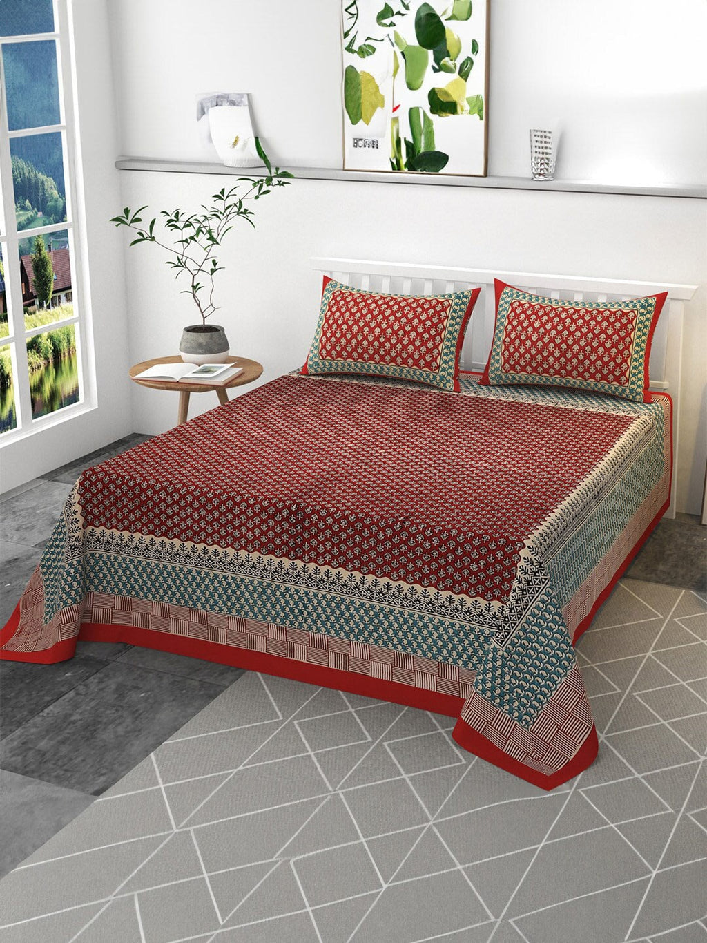 CLIO'S HERITAGE STORE Red Ethnic Motifs Cotton 400 TC King Bedsheet with 2 Pillow Covers