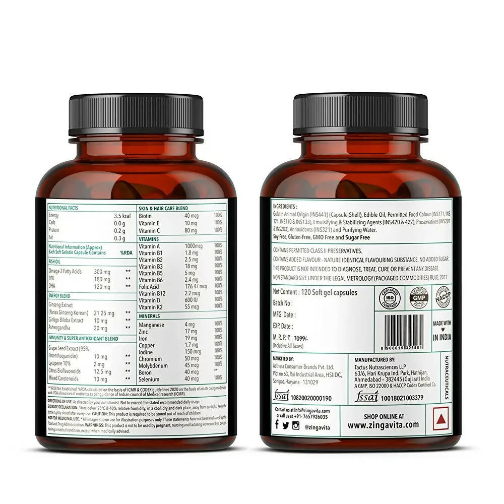 Zingavita Omega 3 + Multivitamins 1000mg Softgels for Men - Distacart
