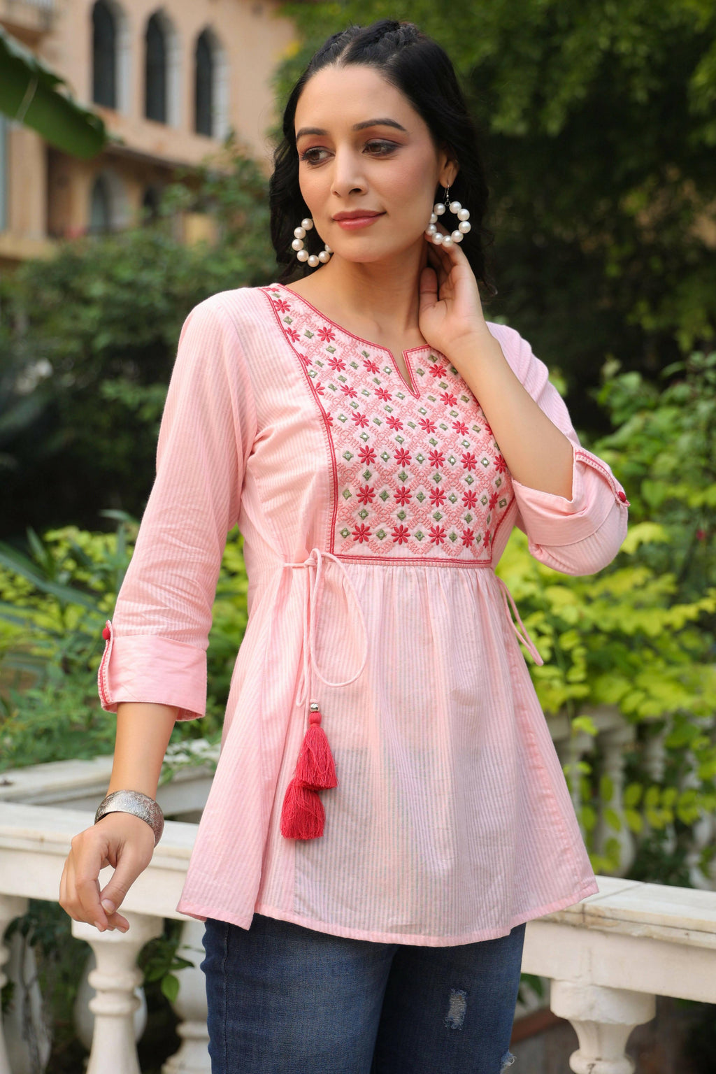 Juniper Women's Peach Cotton Dobby Solid Embroidered Straight Tunic - Distacart