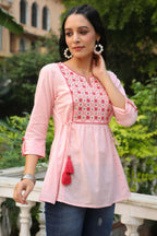 Juniper Women's Peach Cotton Dobby Solid Embroidered Straight Tunic - Distacart