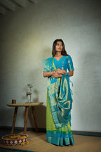 Vardha Lime Green Golden Zari Banarasi Chiffon Saree