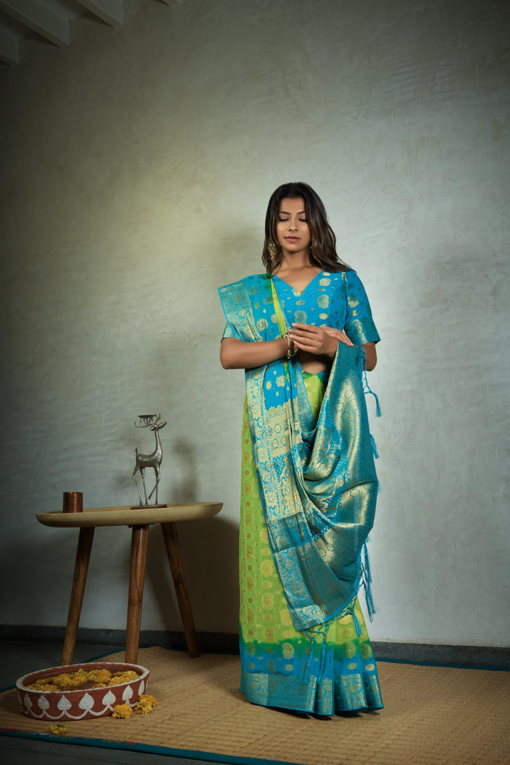 Vardha Lime Green Golden Zari Banarasi Chiffon Saree