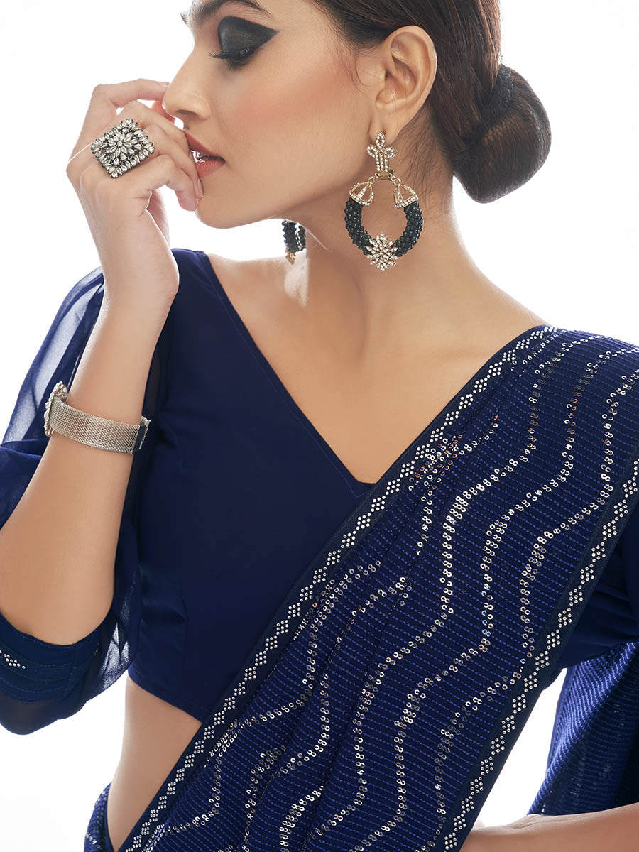Myra Navy Blue Georgette Embroidered Designer Saree - Distacart