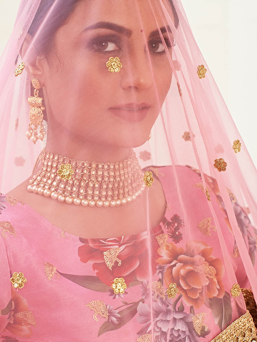 Myra Pink Floral Print Embroidered Designer Lehenga