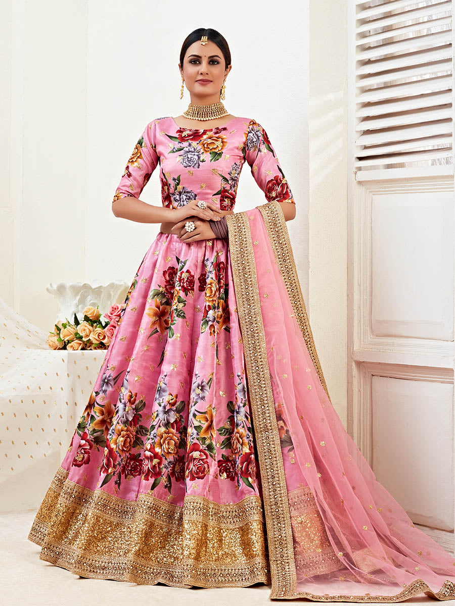 Myra Pink Floral Print Embroidered Designer Lehenga