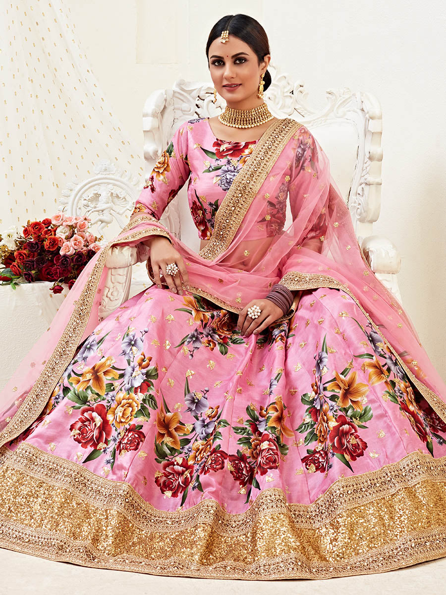 Myra Pink Floral Print Embroidered Designer Lehenga