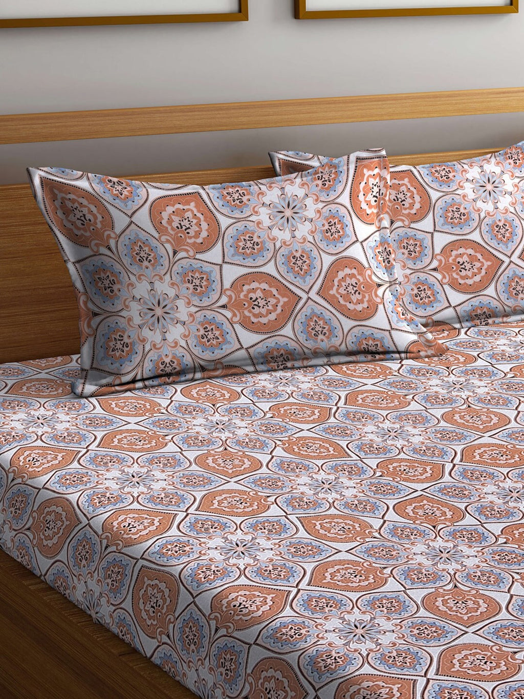 BOMBAY DYEING Brown & White Ethnic Motifs Cotton 104 TC King Bedsheet with 2 Pillow Covers