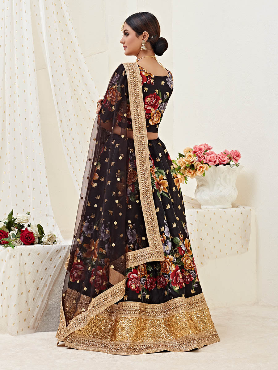 Myra Black Floral Print Embroidered Designer Lehenga