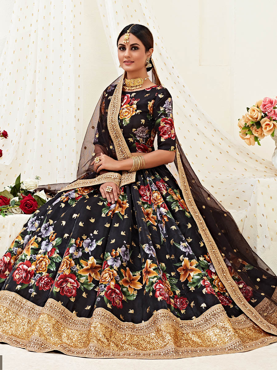 Myra Black Floral Print Embroidered Designer Lehenga