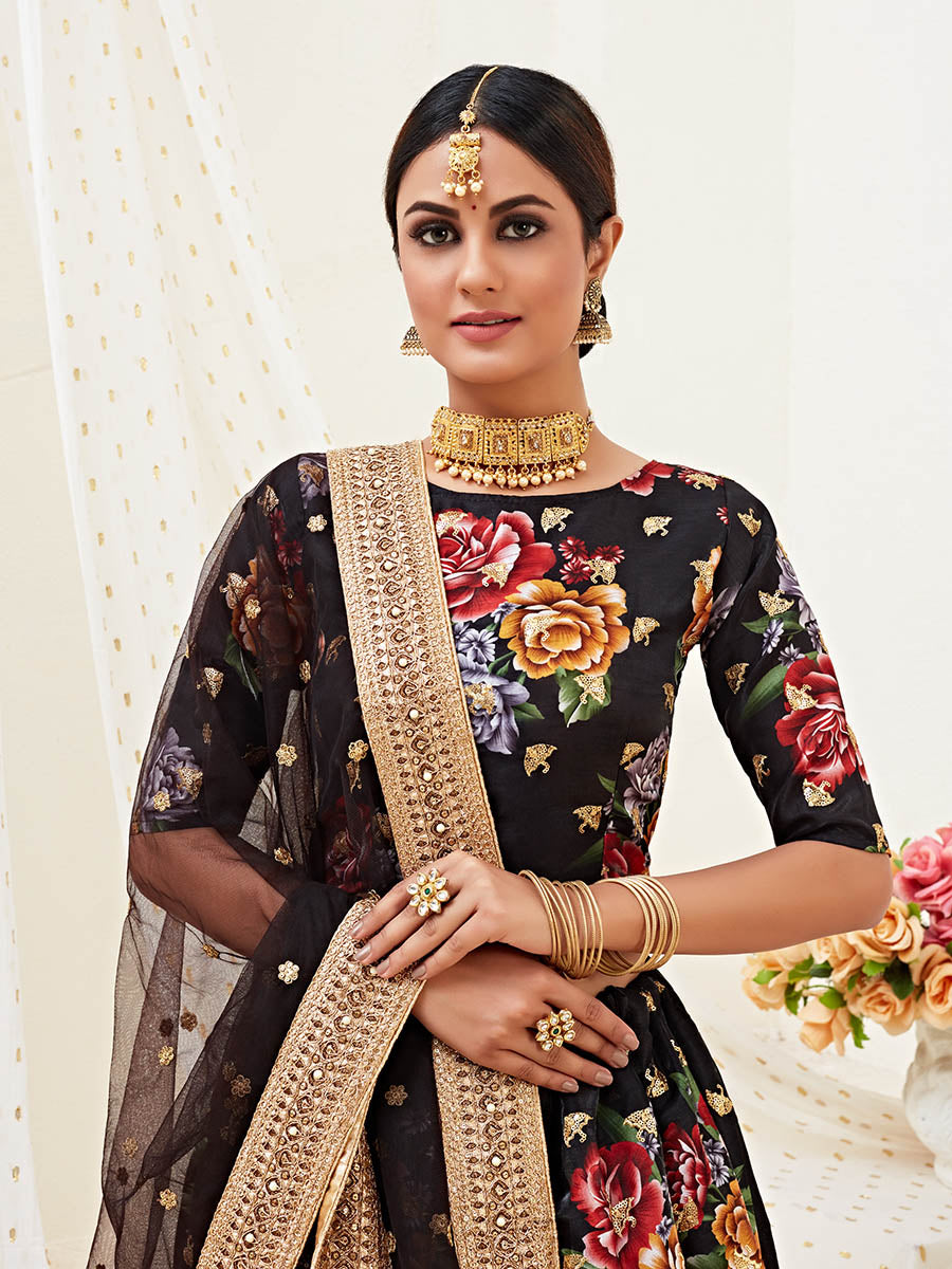 Myra Black Floral Print Embroidered Designer Lehenga