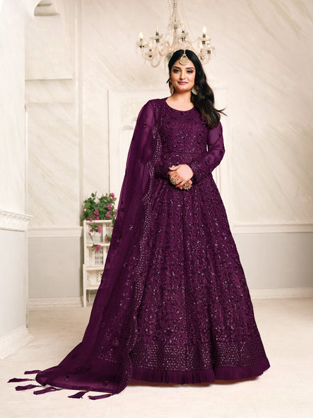 Anaita Purple Embroidered Net Anarkali Suit