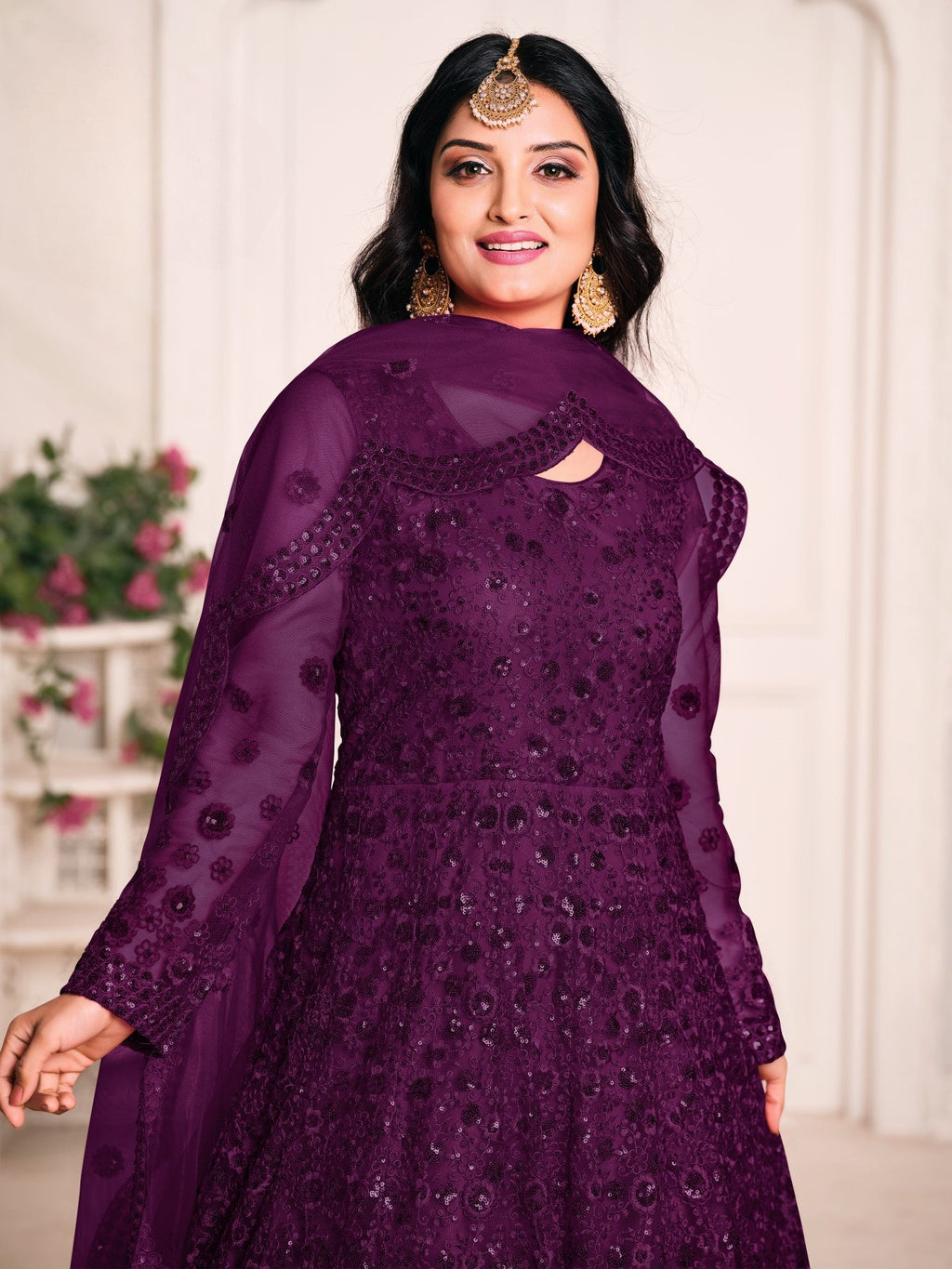 Anaita Purple Embroidered Net Anarkali Suit - Distacart