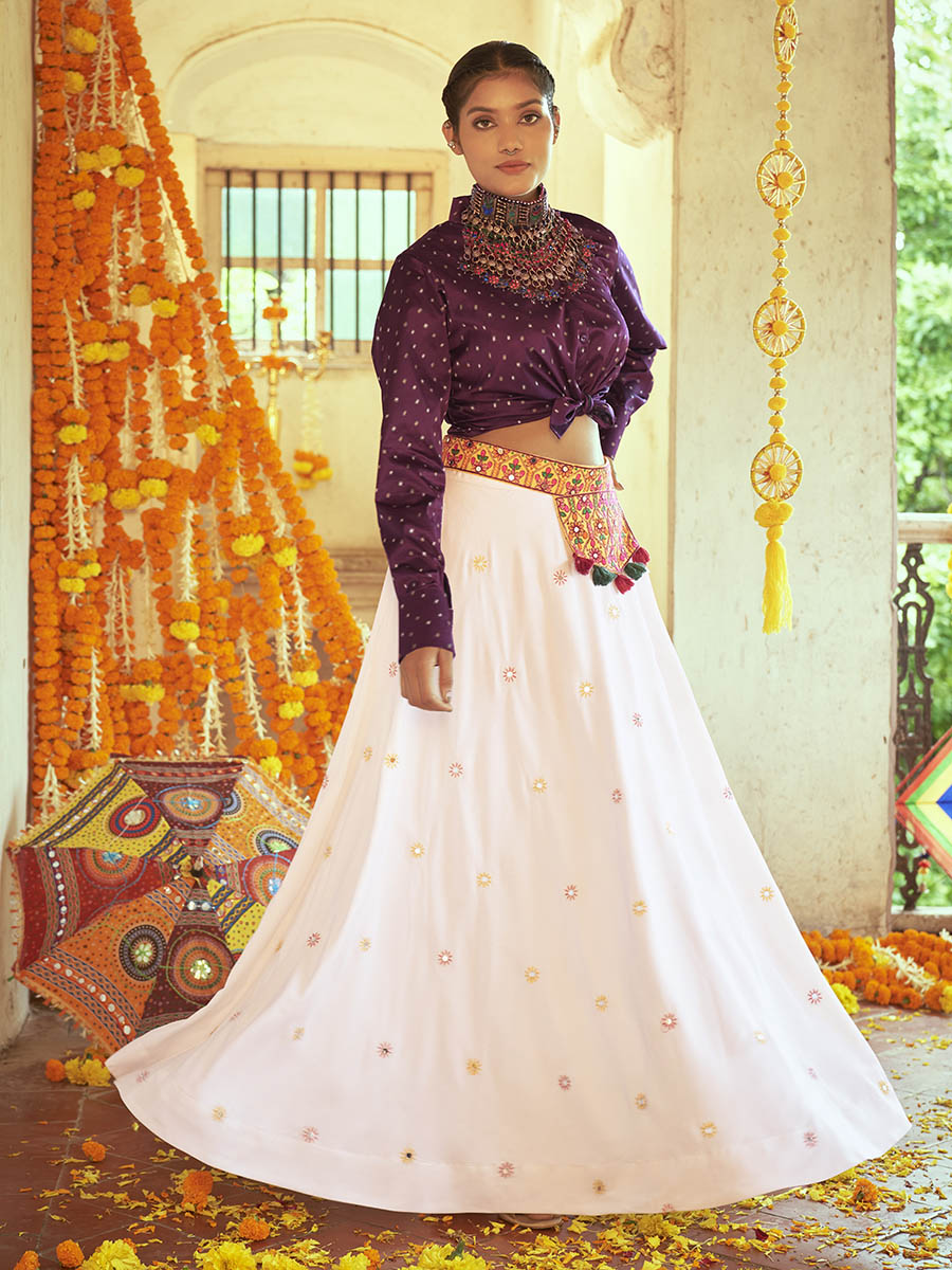 Myra Purple & White Cotton Embroidered Navratri Special Lehenga