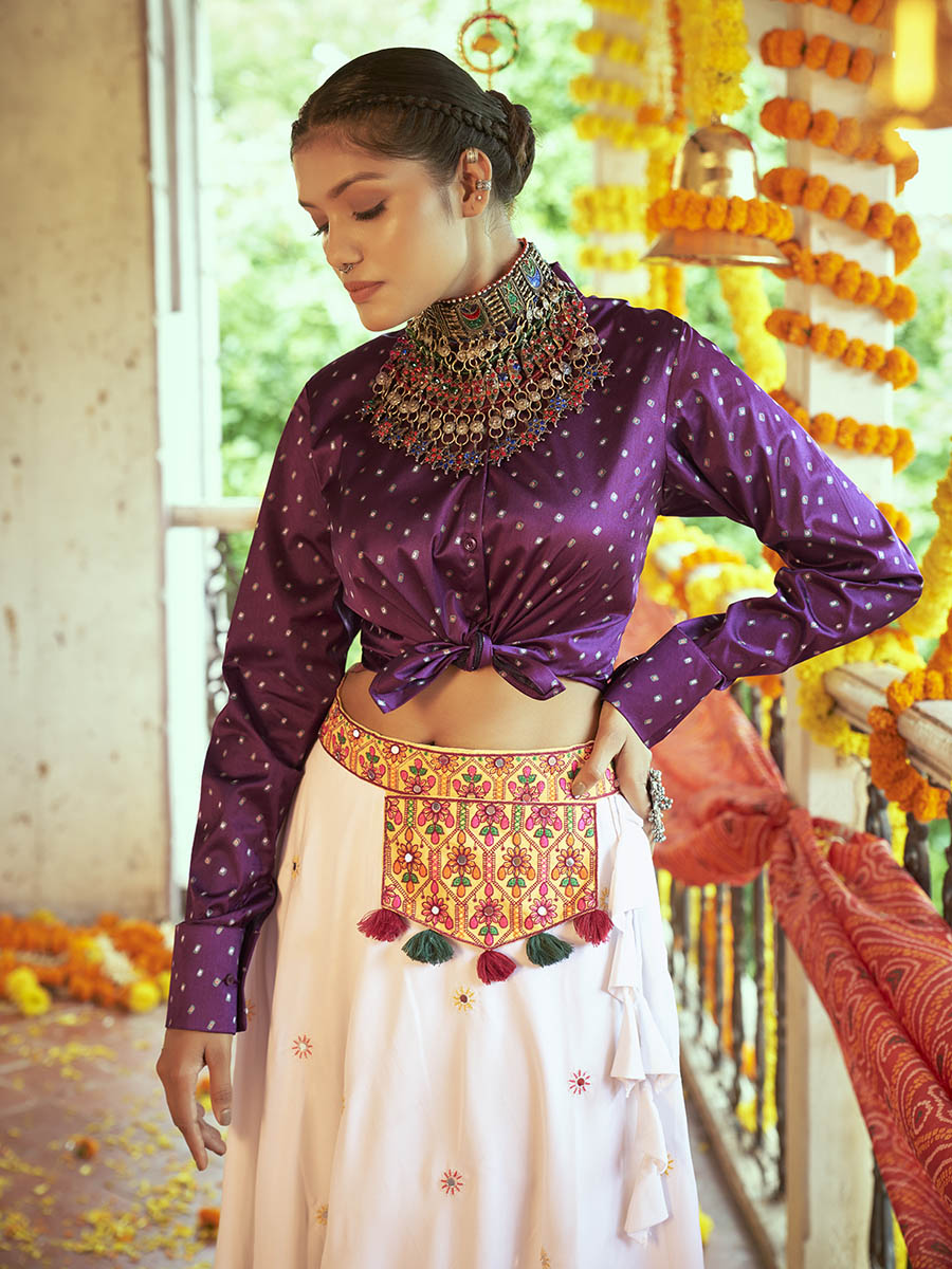 Myra Purple & White Cotton Embroidered Navratri Special Lehenga