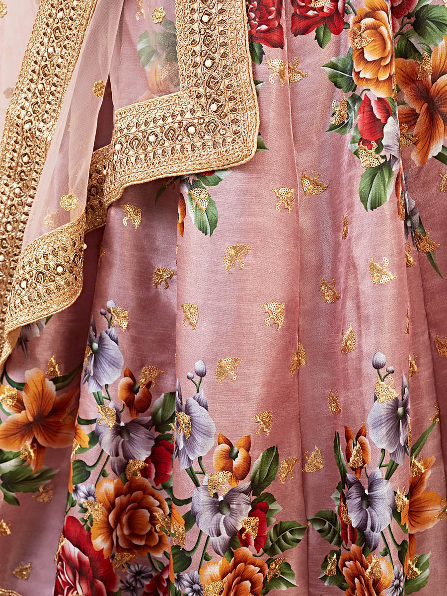Myra Rosy Brown Floral Print Embroidered Designer Lehenga
