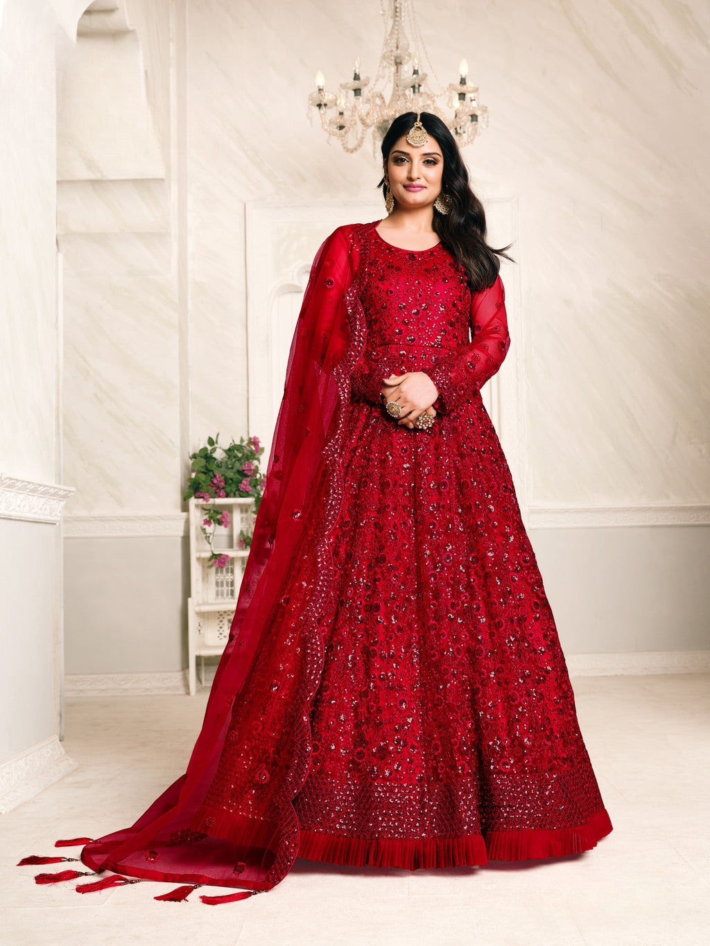 Anaita Red Embroidered Net Anarkali Suit - Distacart