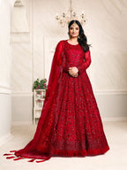 Anaita Red Embroidered Net Anarkali Suit - Distacart
