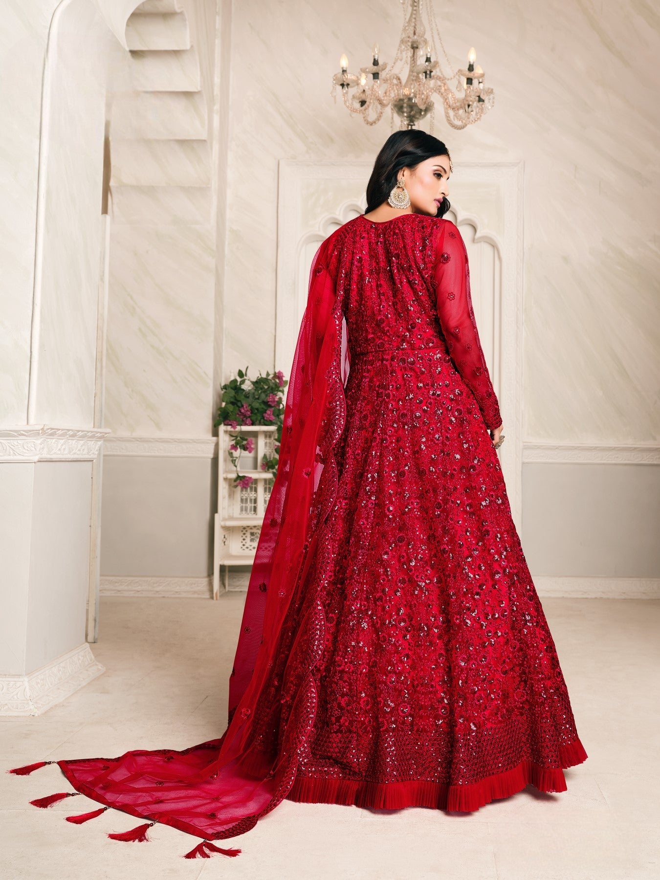 Anaita Red Embroidered Net Anarkali Suit - Distacart