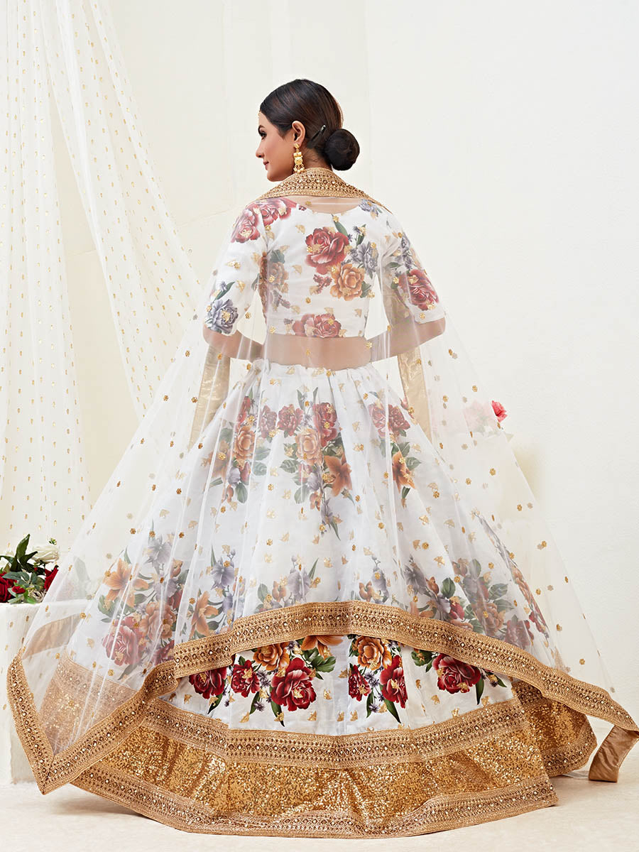 Myra White Floral Print Embroidered Designer Lehenga