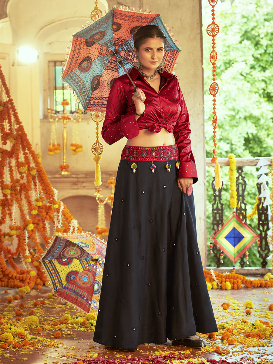 Myra Maroon & Black Cotton Embroidered Navratri Special Lehenga