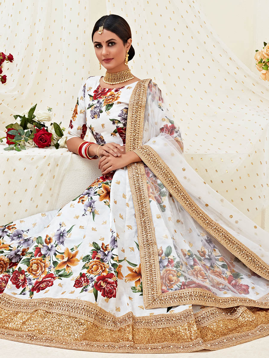 Myra White Floral Print Embroidered Designer Lehenga