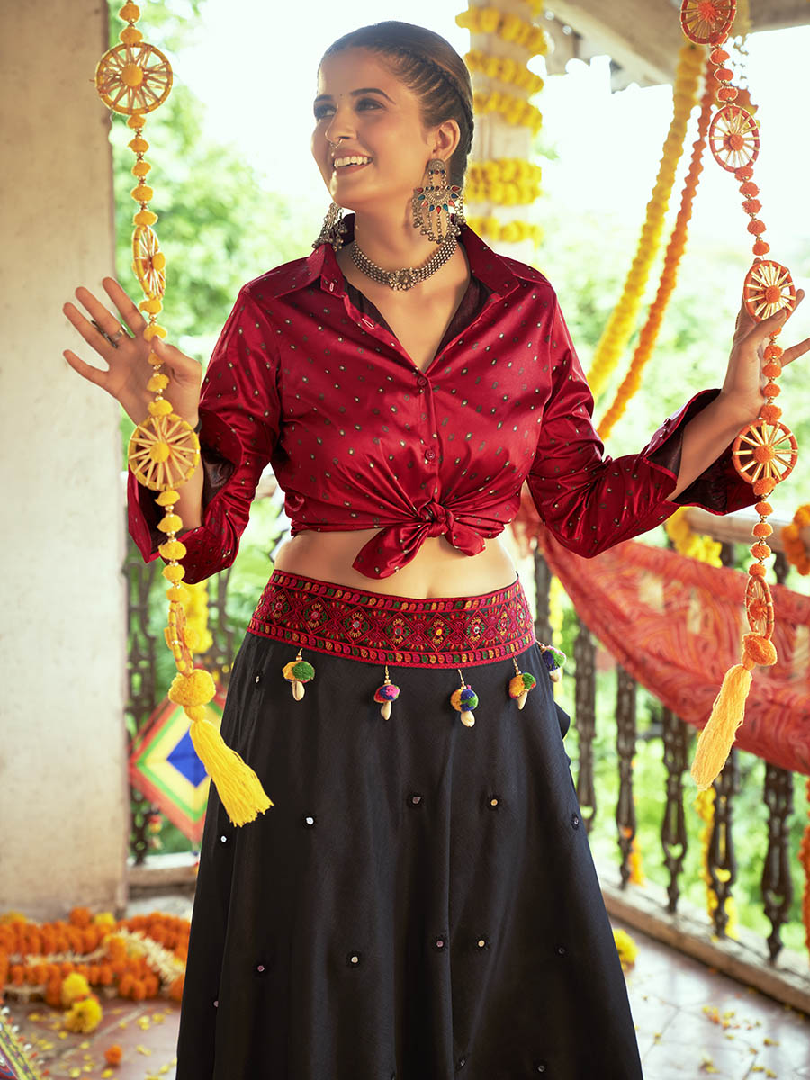 Myra Maroon & Black Cotton Embroidered Navratri Special Lehenga