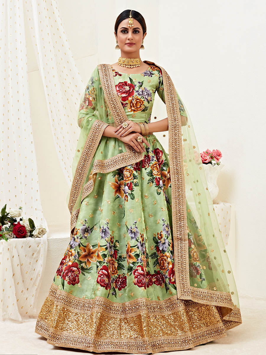 Myra Pista Floral Print Embroidered Designer Lehenga