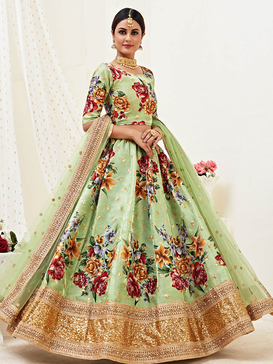 Myra Pista Floral Print Embroidered Designer Lehenga