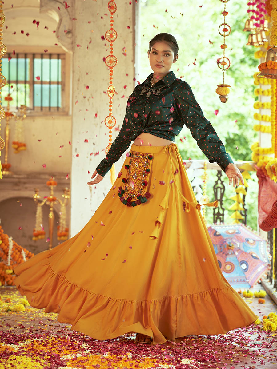 Myra Green & Musturd Yellow Cotton Embroidered Navratri Special Lehenga