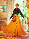 Myra Green & Musturd Yellow Cotton Embroidered Navratri Special Lehenga