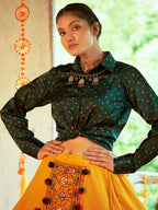 Myra Green & Musturd Yellow Cotton Embroidered Navratri Special Lehenga