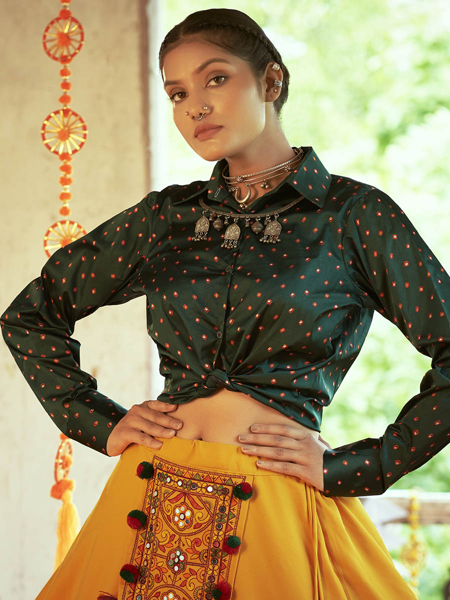 Myra Green & Musturd Yellow Cotton Embroidered Navratri Special Lehenga