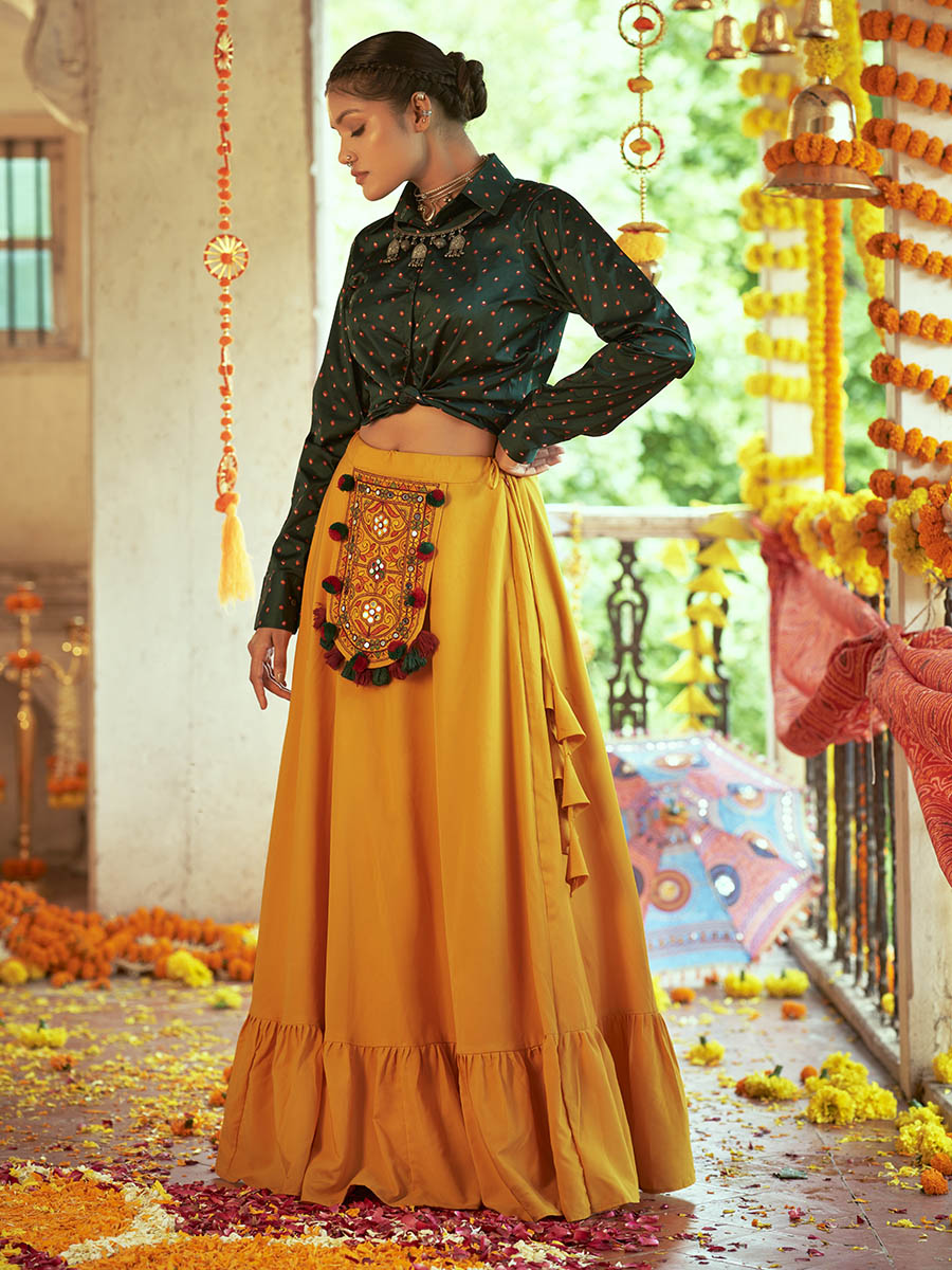 Myra Green & Musturd Yellow Cotton Embroidered Navratri Special Lehenga