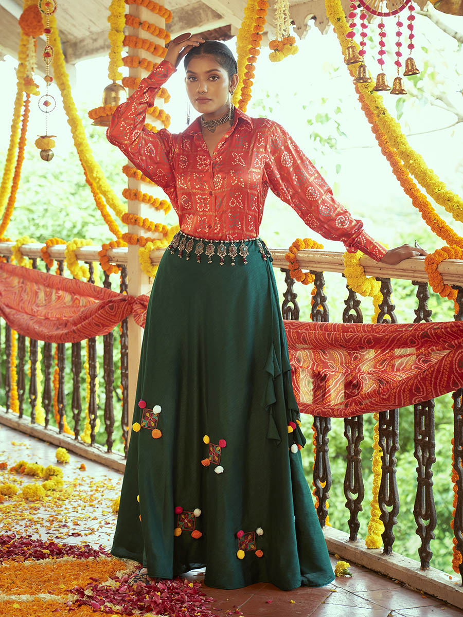 Myra Tomato Red & Green Cotton Embroidered Navratri Special Lehenga