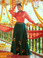 Myra Tomato Red & Green Cotton Embroidered Navratri Special Lehenga