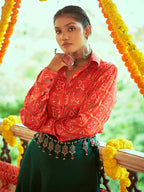 Myra Tomato Red & Green Cotton Embroidered Navratri Special Lehenga