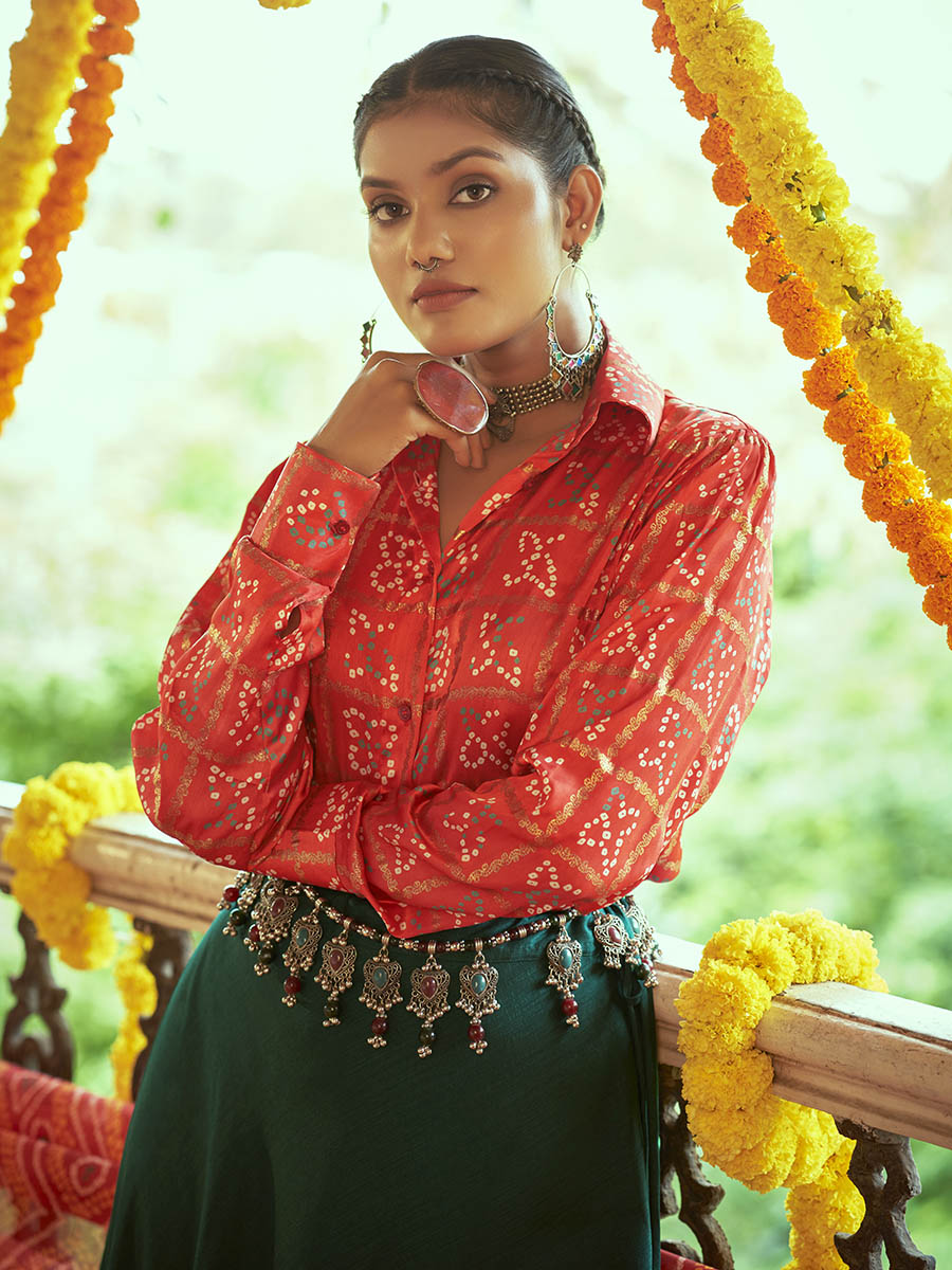 Myra Tomato Red & Green Cotton Embroidered Navratri Special Lehenga