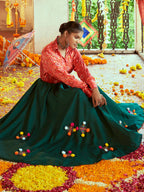 Myra Tomato Red & Green Cotton Embroidered Navratri Special Lehenga