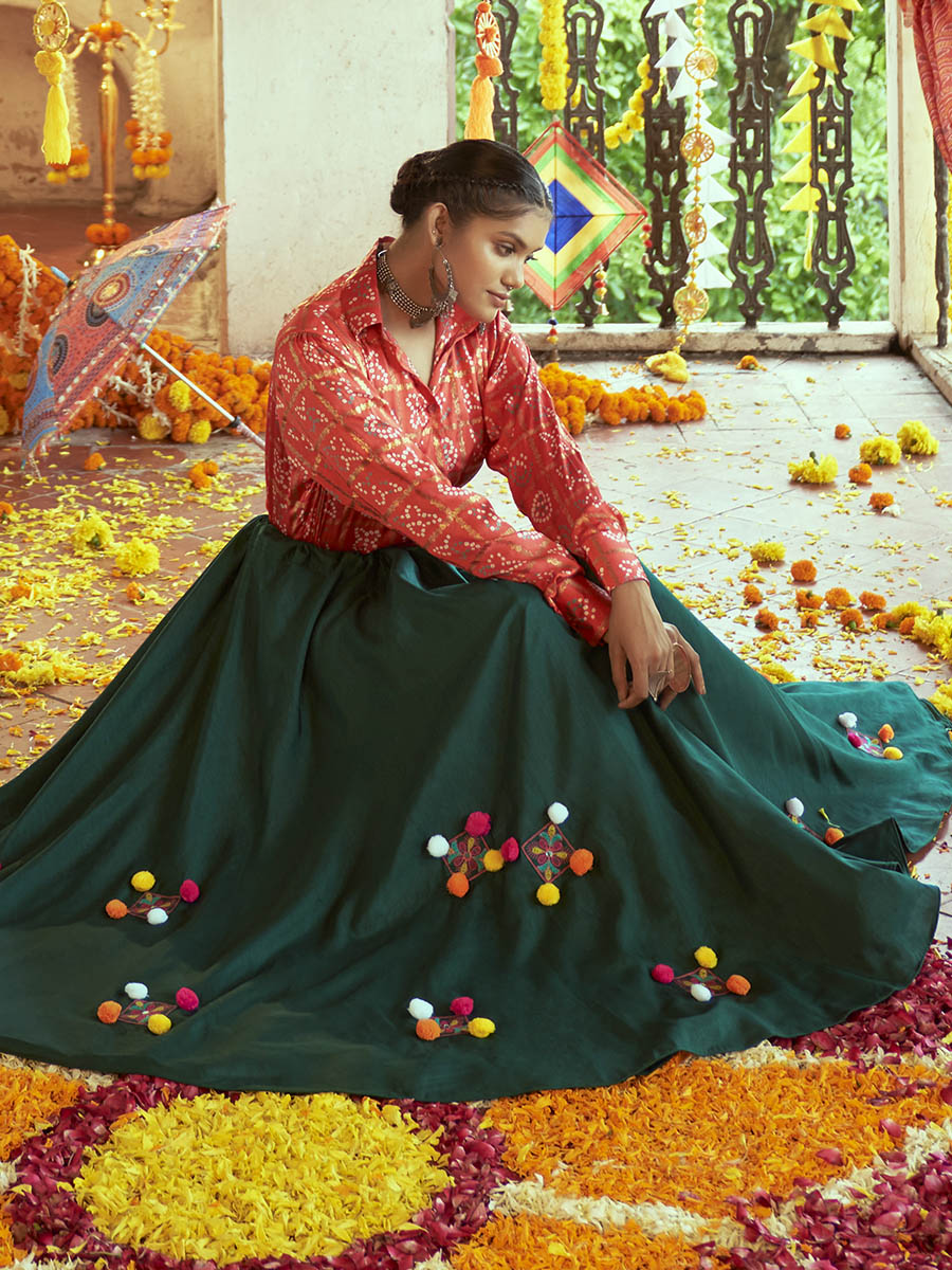 Myra Tomato Red & Green Cotton Embroidered Navratri Special Lehenga