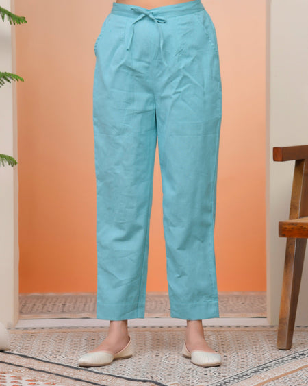 Vaasva Women Turquoise Cotton Flax Solid Straight Pants
